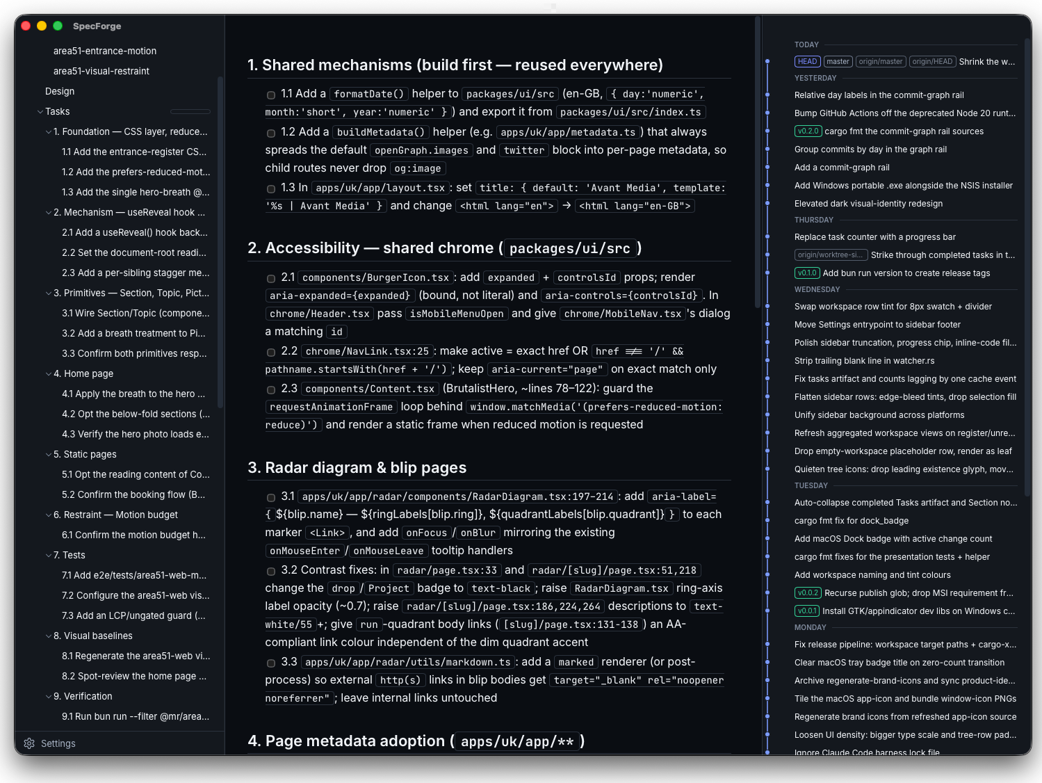 SpecForge browsing a change's tasks, with the workspace tree on the left and the commit-graph rail on the right